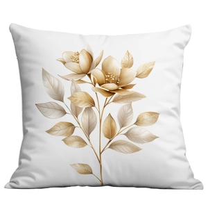 Detailed close-up of a white square pillow cover with golden floral print for home decor