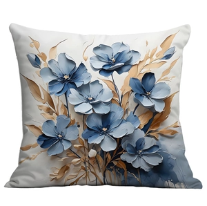 Moderne witte vierkante kussensloop met 3D blauwe bloemen olieverfstijl en gouden accenten