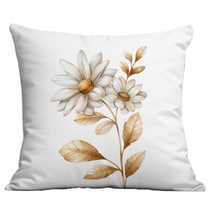 Close-up of golden floral daisy print on white decorative sofa cushion cover