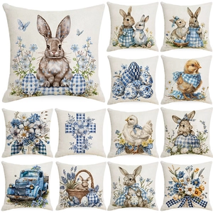 Blue Gingham Easter Pillowcase Rabbit Truck Floral Linen Decorative Cushion Cover For Home Couch Sofa Holiday Decor