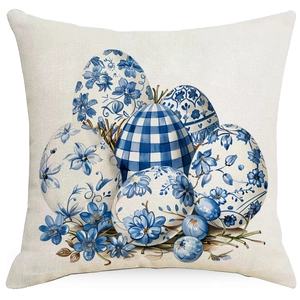 Easter plaid blue flower eggs design printed on beige linen decorative pillowcase