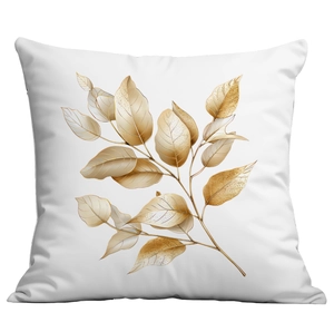 Square white pillow cover with elegant golden leaf pattern and textured fabric surface