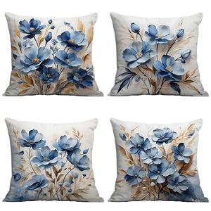 3D Blauwe Bloemen Decoratieve Kussensloop Kort Pluche Vierkante Kussenhoes Artistieke Bloem Bedrukt Zonder Vulling Home Decor