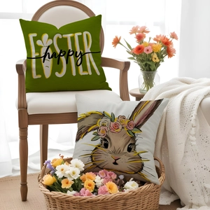 Detail of Easter pillow covers featuring Happy Easter text and cute bunny illustration