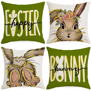 Linen Easter Bunny Happy Easter Cushion Cover Sofa Decorative Pillow Case For Living Room Green Beige Home Holiday Decor
