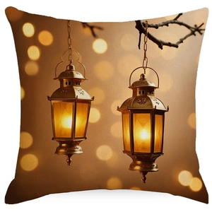Golden moon pillow cover featuring vintage oil lamp prints for festive home decoration