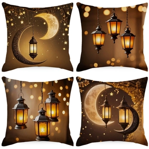 Gold Moon Lantern Ramadan Pillowcase Ethnic Linen Square Cushion Cover For Sofa Living Room Home Decorative Pillowcase