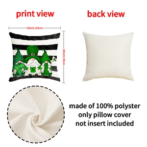Detail view of 18x18 inch linen pillowcase showing St. Patrick's Day gnomes and 100% polyester fabric