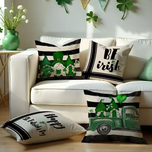 Set of four St. Patrick's Day linen pillow covers with gnomes and green clover prints
