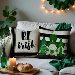 Detail of St. Patrick's Day linen pillow covers featuring gnomes and festive shamrock designs