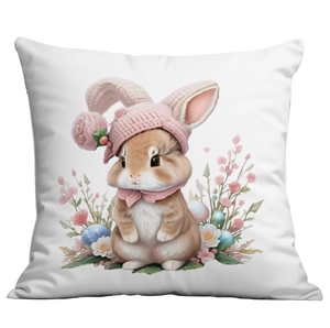 Taie d'oreiller de Pâques avec lapin mignon au bonnet rose et décorations florales