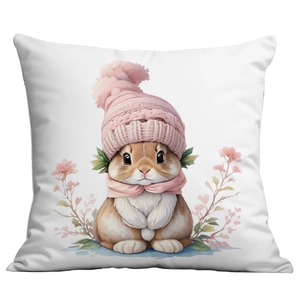 Housse de coussin lapin de Pâques avec bonnet rose et motif floral sur tissu blanc