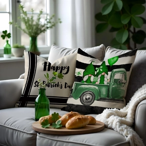 Cozy living room detail with St. Patrick's Day gnome truck linen pillow covers on a sofa