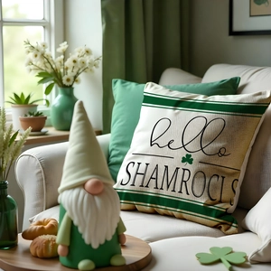 St. Patrick's Day shamrock pillow cover and green gnome decor on a cozy sofa