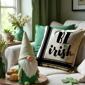 St. Patrick's Day linen cushion cover with BE irish print and festive gnome decor