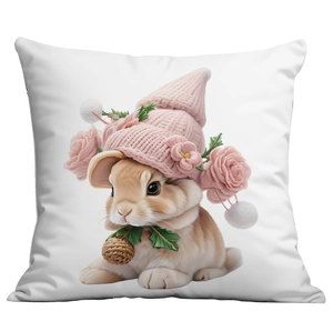 Détail d'une housse de coussin avec imprimé lapin rose mignon et fleurs de Pâques