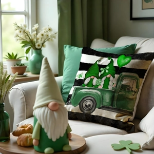 St. Patrick's Day linen pillowcase with lucky gnomes on truck for sofa decor