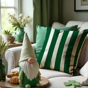 Saint Patrick's Day striped pillow cover in green and gold on a cozy sofa chair