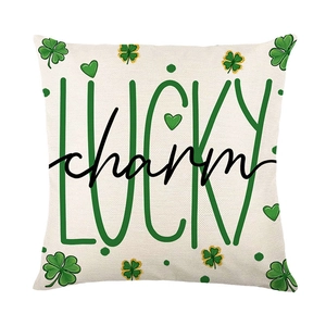 Square Saint Patrick's Day cushion cover with Lucky Charm print and green shamrocks
