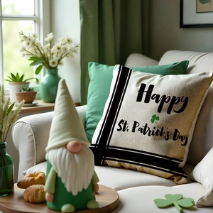 Linen St. Patrick's Day pillow cover with lucky green clover and festive gnome decor