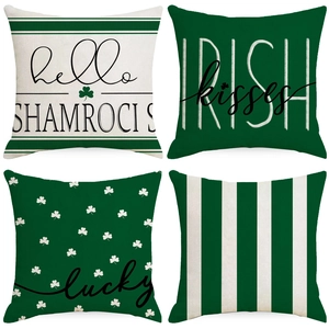 Linen St Patricks Day Pillowcase Shamrock Stripe Irish Kisses Decorative Throw Cushion Cover For Sofa Living Room Home Decor
