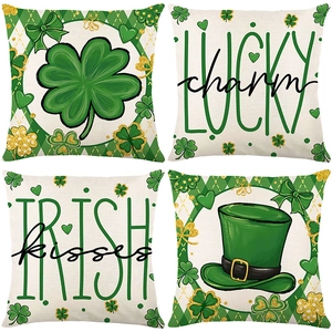 St Patrick's Day Linen Pillowcase Green Shamrock Four Leaf Clover Irish Kisses Lucky Charm Decorative Cushion Cover For Sofa