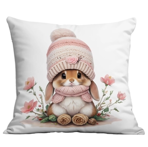 Housse de coussin de Pâques avec motif lapin mignon, bonnet rose et décorations florales