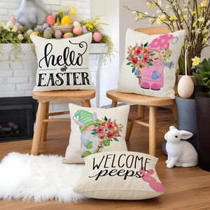 Detailed view of four Easter gnome and floral linen pillow covers in a festive living room