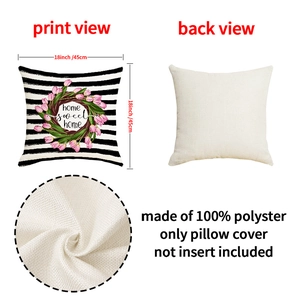 Makrodetail der 45cm Polyester-Kissenhülle mit Streifen, Tulpen und Home Sweet Home Aufdruck