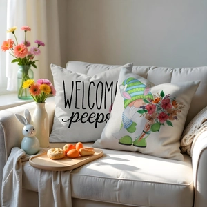 Detail of Easter linen pillowcases featuring Gnome graphics and Welcome Peeps lettering
