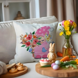 Easter floral linen pillow cover featuring a cute watercolor gnome on a white sofa decor