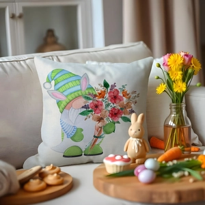 Easter gnome floral pillow cover with colorful flowers on a beige linen texture sofa cushion