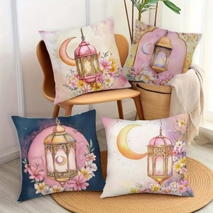 Detailed set of four festive moon and lantern pattern sofa pillowcases on a jute rug