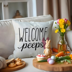 Easter Welcome Peeps linen throw pillow cover with cute bunny ears on light beige sofa