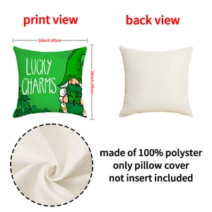 Macro view of St. Patrick's Day linen pillowcase with gnome print and fabric texture