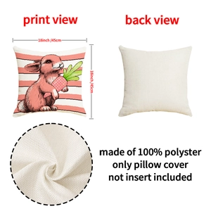 Detail view of 18x18 inch pink bunny pillowcase with fabric texture and 100% polyester label