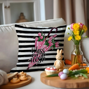Oster-Kissenbezug gestreift mit Regenschirm, Tulpen und Bless our nest Aufdruck