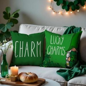 Close-up of linen St. Patrick's Day pillow covers with green gnome and lucky charms