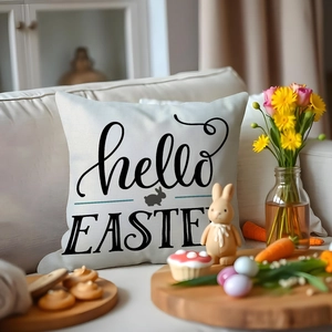 Easter linen pillowcase featuring a bunny and hello EASTER text on a white sofa decor