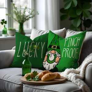 Linen Saint Patrick's Day pillow covers with Lucky text and festive gnome designs