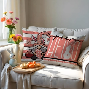 Detail of Easter gnome and hello bunny decorative pillow set on a cozy sofa