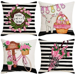 Ostern Leinen Kissenbezug Gestreifte Tulpe Home Sweet Home Muster Kissenhülle Festliche Zuhause Wohnzimmer Sofa Deko