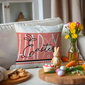 Pink Happy Easter bunny pillow cover with linen texture on sofa with festive decorations