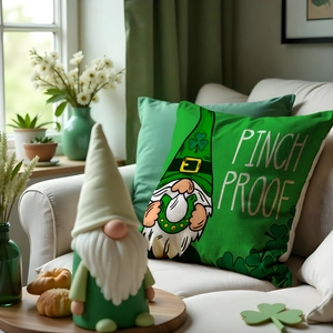 Green St. Patrick's Day gnome pillow cover with Pinch Proof text on linen fabric