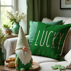 Green St. Patrick's Day Lucky gnome pillow cover with decorative shamrock home accents