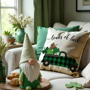 Housse de coussin en lin Saint-Patrick avec trèfle vert et motif de camion