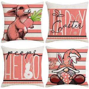 Easter Pillow Case Pink Bunny Gnome Print Decorative Linen Throw Cushion Cover For Sofa Living Room Home Festive Party Decor