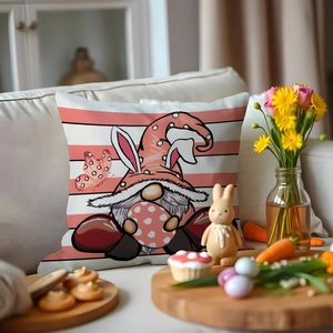 Pink striped Easter gnome rabbit cushion cover on white sofa with festive decor
