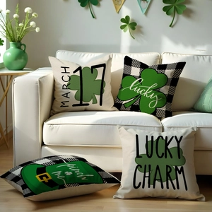 Set of four St. Patrick's Day pillow covers with green shamrocks and plaid patterns