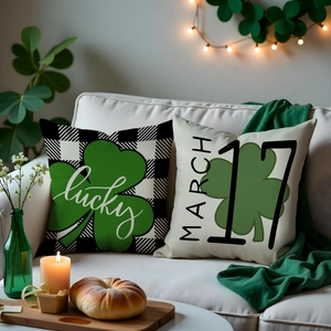 Close-up of Saint Patrick's Day cushion covers with lucky shamrock and plaid patterns